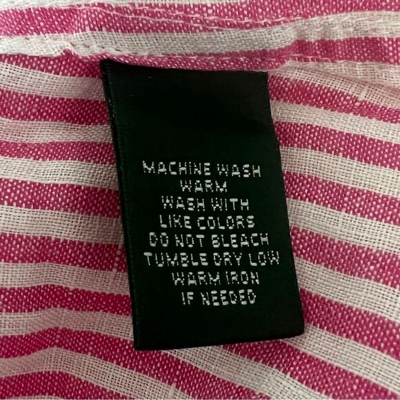 NWT Lauren Ralph Lauren Pink White Stripe Linen Blouse Tunic M Roll Tab Sleeve - Picture 12 of 13